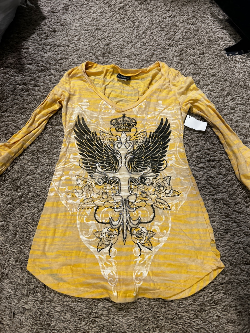 Daytrip Yellow Striped Long Sleeve Tee with Graphic Crest